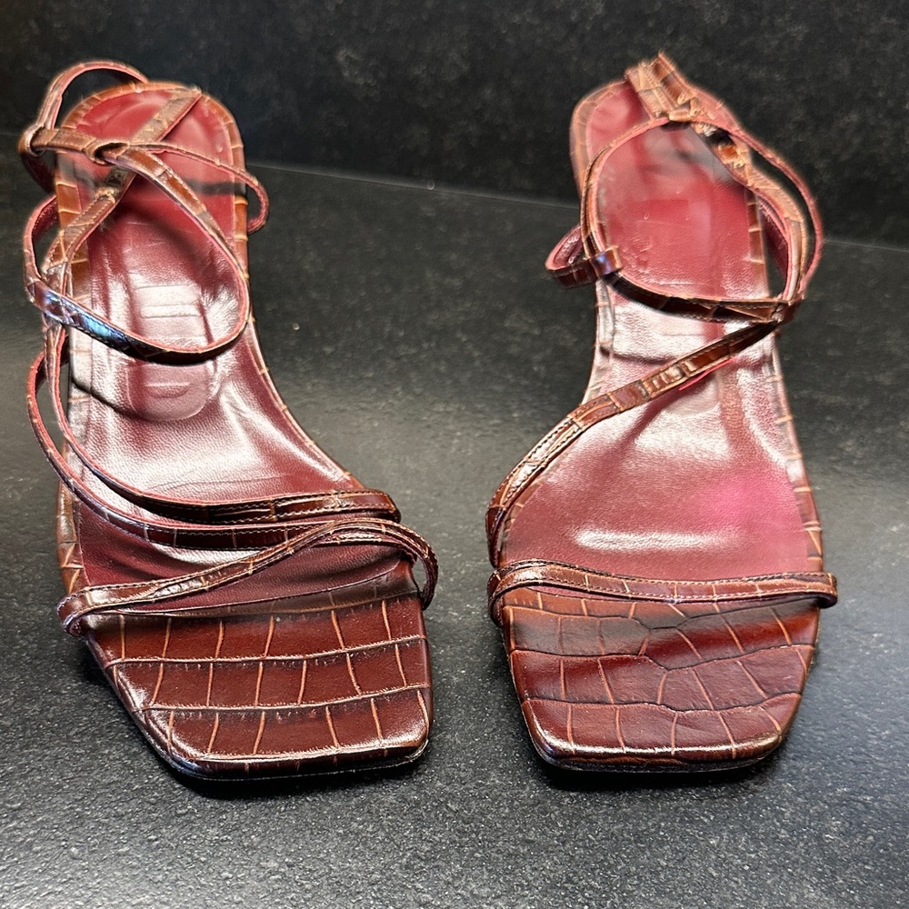 STAUD Croc-Embossed Burgundy Strappy Heels